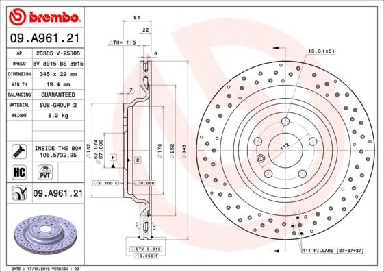 Brembo Rotor - Back/MERCEDES-GL GLASS  W166 DRILLED FRT 375 MM