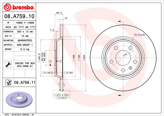 Brembo Rotor - Back/AUDI-A6 2.0 TDI(2011 ONWARDS)/A4(2008 TO 2016)/A5(2007 TO PRESENT)