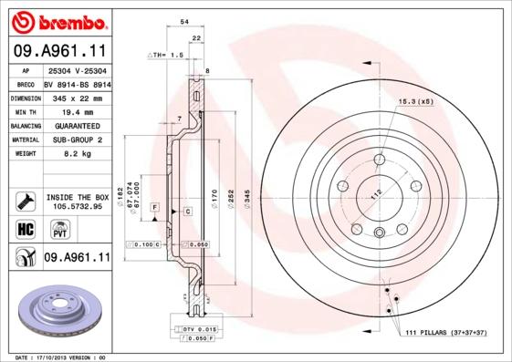 Brembo Rotor - Back/MERCEDES-GL GLASS W166 FRT 350 MM